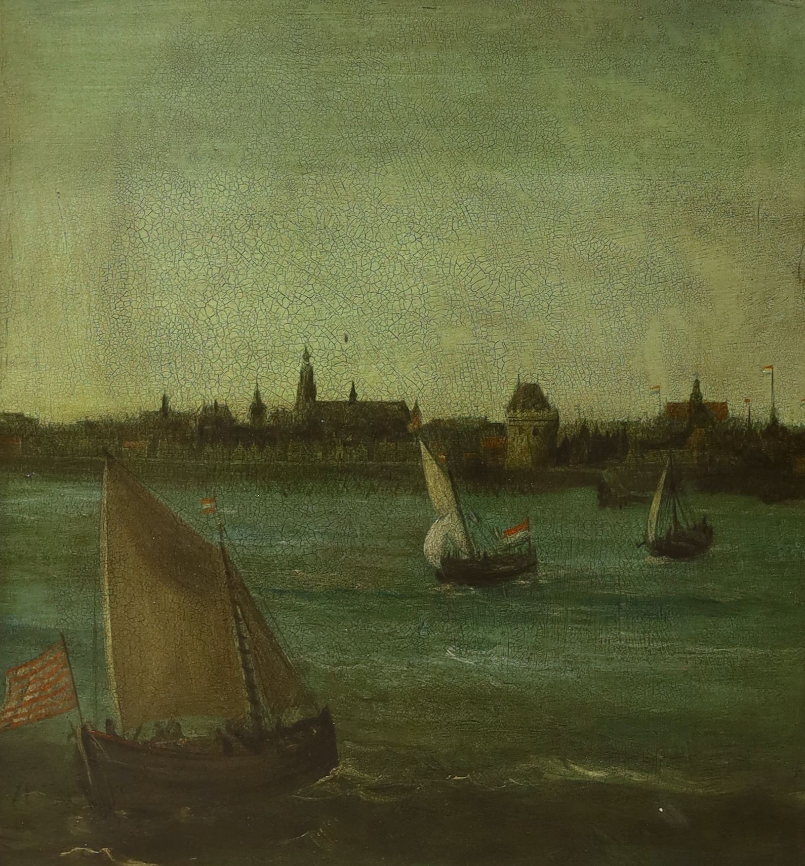 Dutch School, oil on wooden panel, Fishing boats off the coast, a town beyond, 41 x 37cm